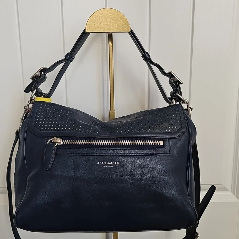 Coach 2012 Romy Top Handle Bag Navy And Chartreuse Perforated